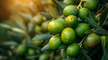 green olives on a tree.の素材
