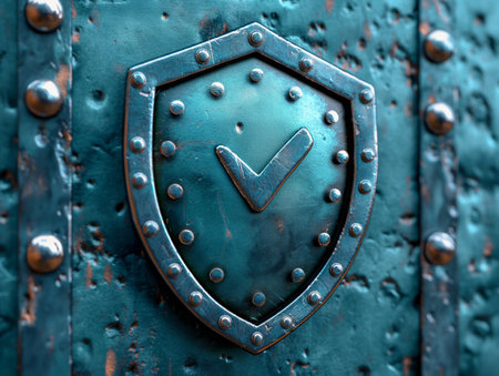 close up of shield with green protection sign.の素材