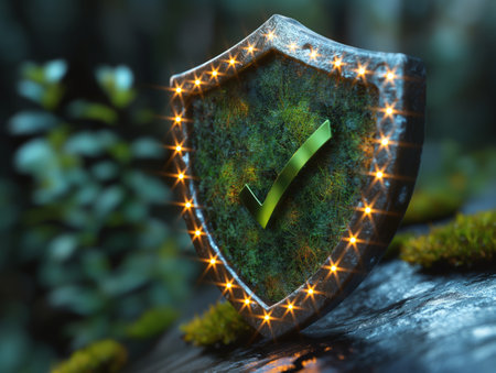 close up of shield with green protection sign.の素材