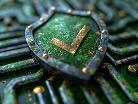 close up of shield with green protection sign.の素材