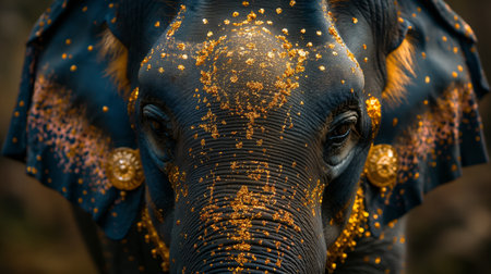 Indian elephant is decorated with gold and painted for the holiday.の素材