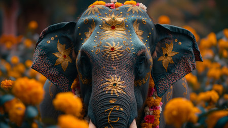 Indian elephant is decorated with gold and painted for the holiday.の素材