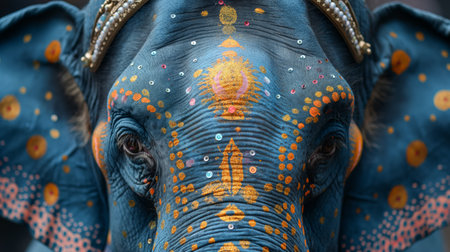 Indian elephant is decorated with gold and painted for the holiday.の素材
