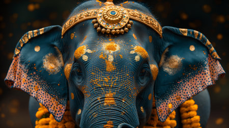 Indian elephant is decorated with gold and painted for the holiday.の素材