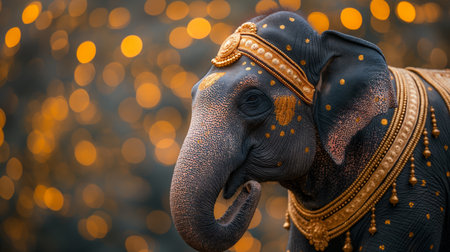 Indian elephant is decorated with gold and painted for the holiday.の素材