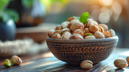pistachio nuts in a bowl.の素材