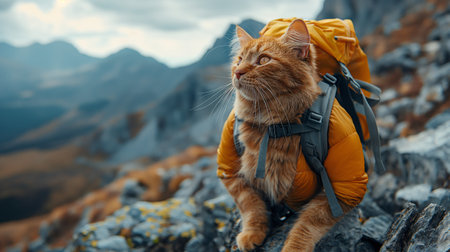 cat with a backpack on top of a mountain.の素材