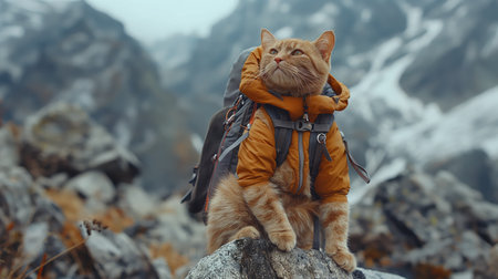 cat with a backpack on top of a mountain.の素材