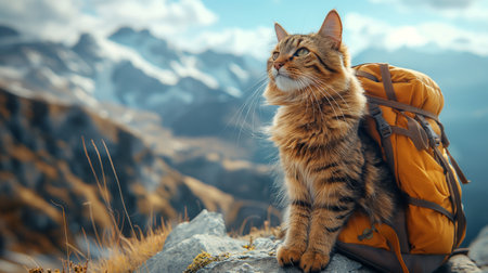 cat with a backpack on top of a mountain.の素材
