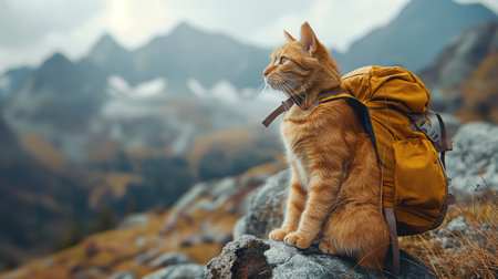 cat with a backpack on top of a mountain.の素材