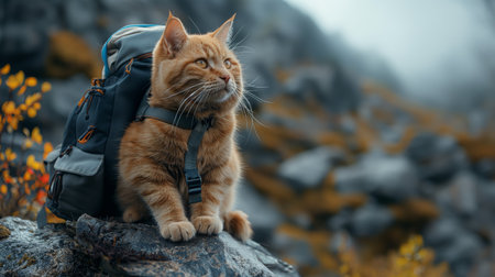 cat with a backpack on top of a mountain.の素材