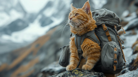 cat with a backpack on top of a mountain.の素材