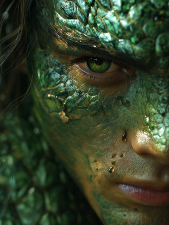 handsome man with completely green scaled skin like a reptile.の素材