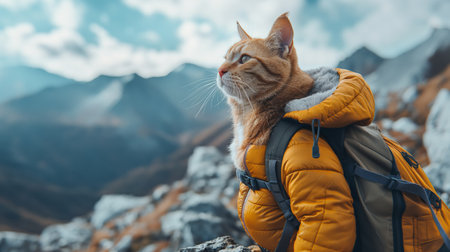 cat with a backpack on top of a mountain.の素材