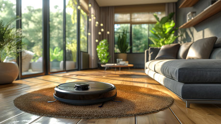 robotic vacuum cleaner on the floor in the living room.の素材