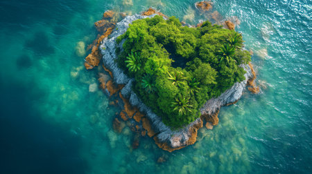 drone photo of a heart shaped island in the middle of the sea.の素材