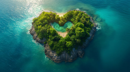 drone photo of a heart shaped island in the middle of the sea.の素材
