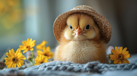 cute little chicken in a straw hat with flowers and a basket on a gray background.の素材