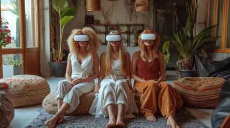women relaxing in virtual reality goggles.の素材