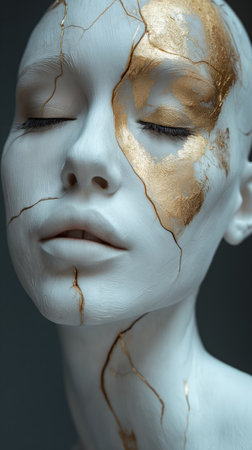 portrait of a woman with gold and white paints on her face.の素材