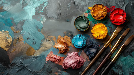 Oil paints and paint brushes on a palette.の素材