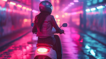 an electric scooter on the futuristic city background.の素材