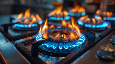 close up of gas burner on the stove in the kitchen.の素材