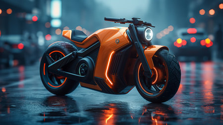 an electric scooter on the futuristic city background.の素材