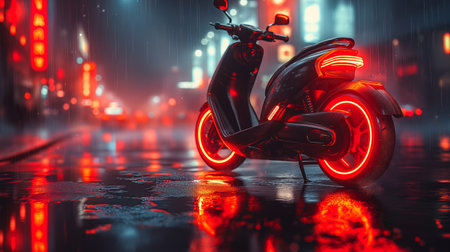 an electric scooter on the futuristic city background.の素材