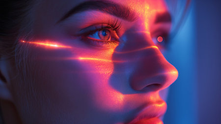 woman with lasers over face.の素材