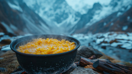 cooking food in tourist cauldron on the mountains background.の素材