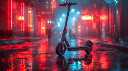 an electric scooter on the futuristic city background.の素材