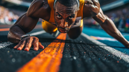 Crop athlete in crouch start position on starting blocks.の素材