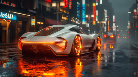 View of a sports car on the road in the city at nightの素材