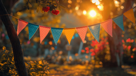 colorful bunting flags hanging from tree branch on sunny day.の素材