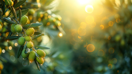 olive branch with green olives growing on the tree in sunny day.の素材