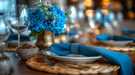 elegant table setting with green napkin and cutlery.の素材