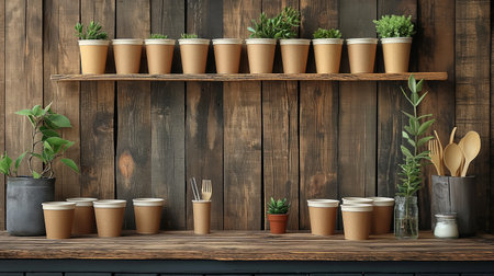 disposable paper cups, plates and cutlery on wooden background.の素材