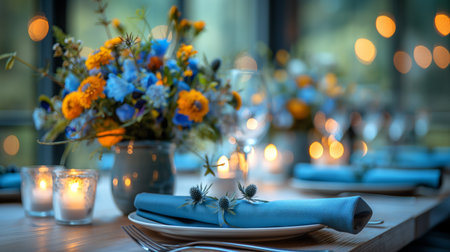 elegant table setting with green napkin and cutlery.の素材