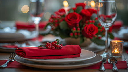 elegant table setting with red napkin and cutlery.の素材