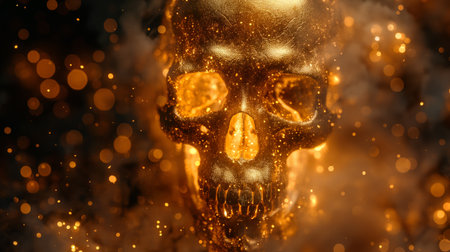 golden skull with gold fluid splashes on black background.の素材
