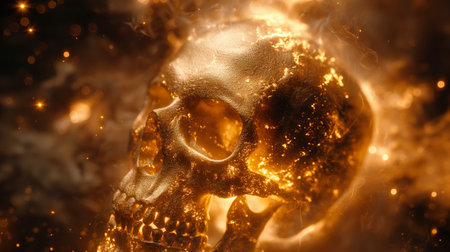 golden skull with gold fluid splashes on black background.の素材