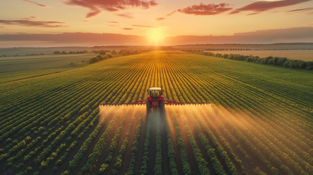 tractor spraying pesticides on the large field.の素材
