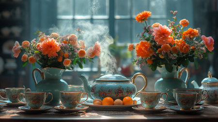 wonderful teapot and cups with hot tea in garden.の素材