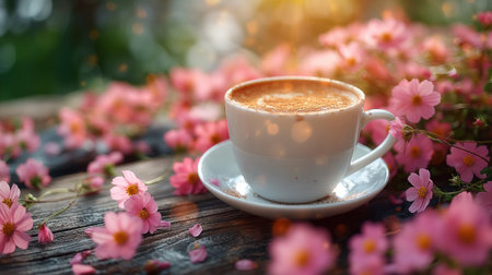 magical cup of hot coffee and flowers.の素材