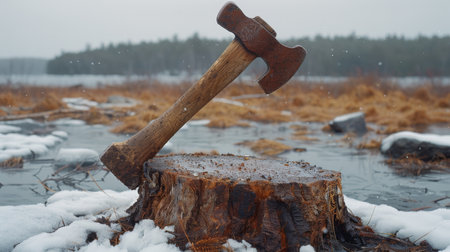 woodcutter's axe on a stump.の素材