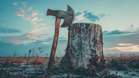 woodcutter's axe on a stump.の素材