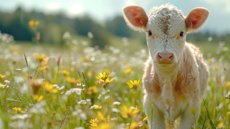 young calf stands amidst tall grass in a field.の素材