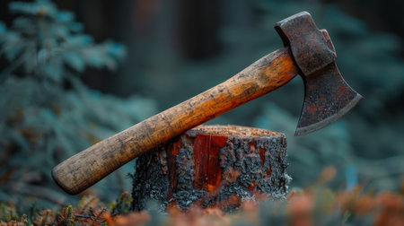woodcutter's axe on a stump.の素材