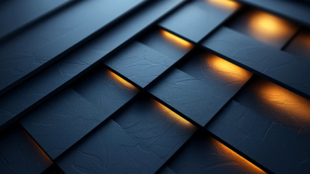 Abstract background with black lines and geometric shapes, dark blue gradient, modern minimalist style, sharp edges, light reflection on the surface of the metal strips.の素材